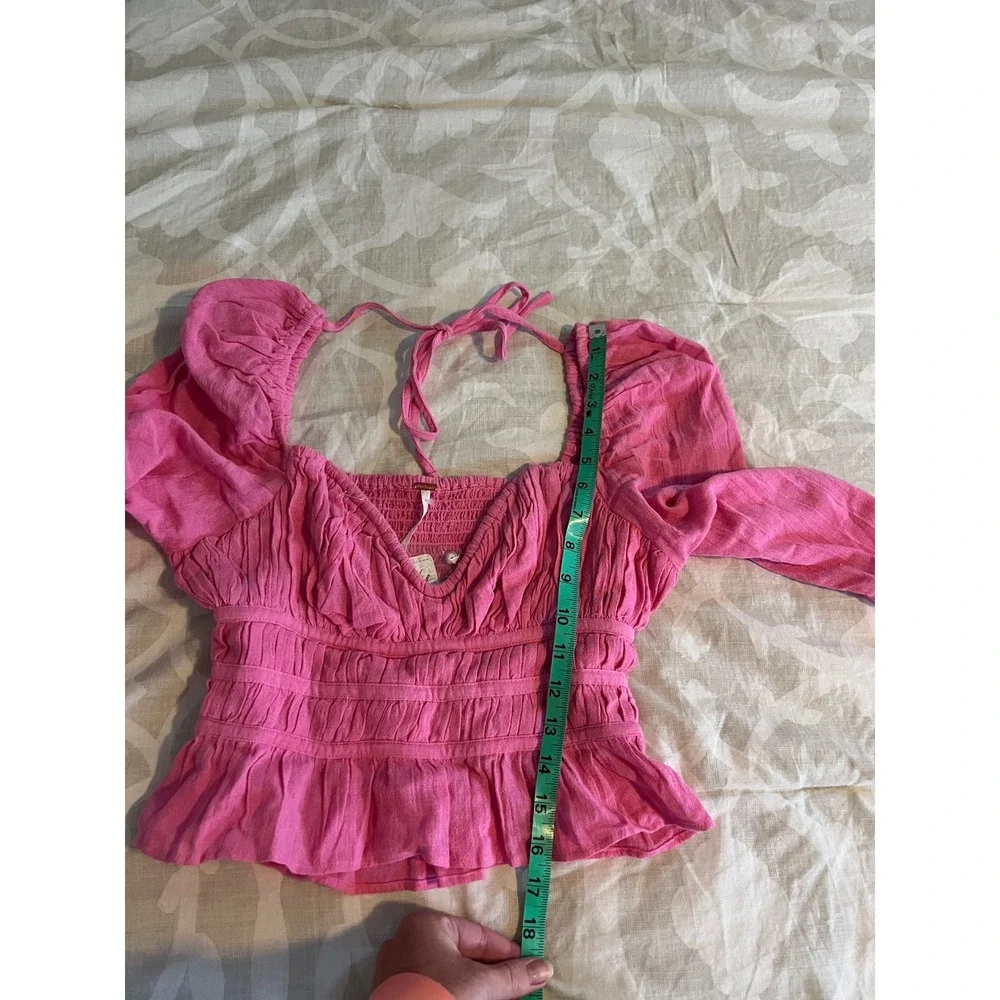 Free People Chloe Top Pink Smocked Long Sleeve Pleated Sweetheart Crop XS NEW
